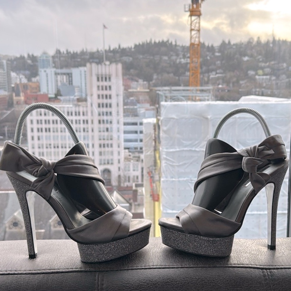H by Halston Glittery Silver Satin Platform Heels